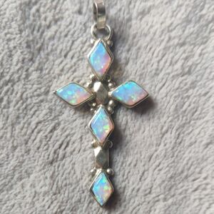 Sterling Silver Opal Cross Pendant - Iridescent White Opal